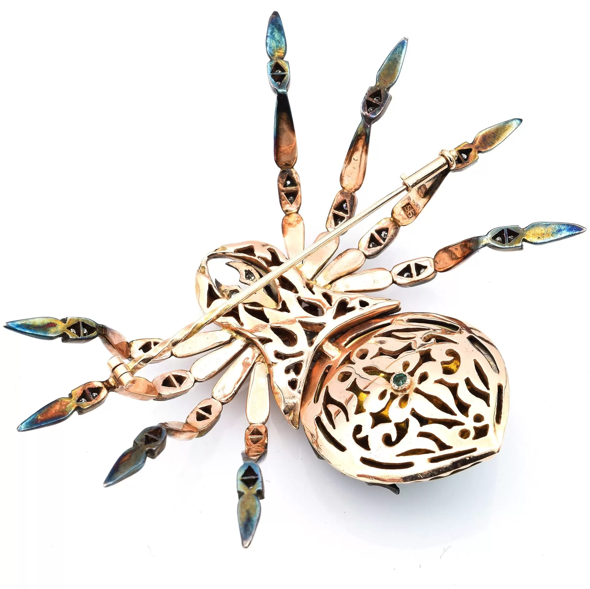 Antique Russian 14K Rose Gold Enamel Spider Brooch With Diamonds And Emeralds