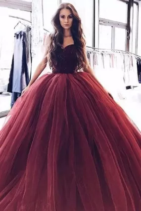 Ball Gown Burgundy Tulle Strapless Sweetheart Prom Dresses Quinceanera Dresses