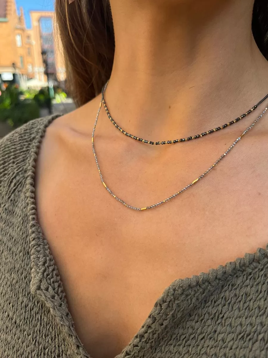 Beaded Grey   Gold   Black Spinel Necklace