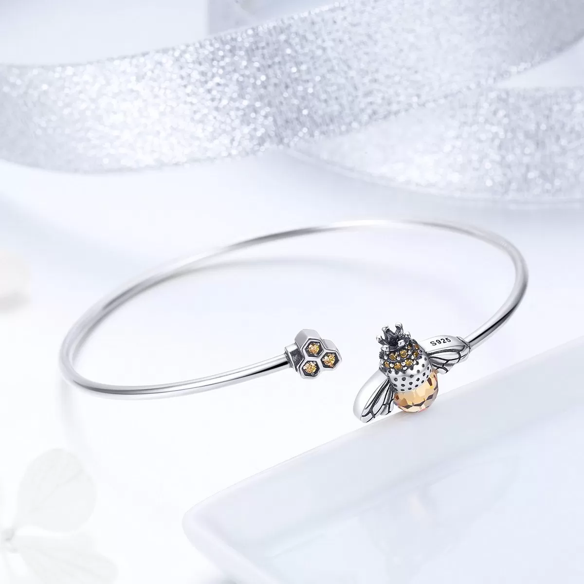 Bees 925 Sterling Silver Open Bangle