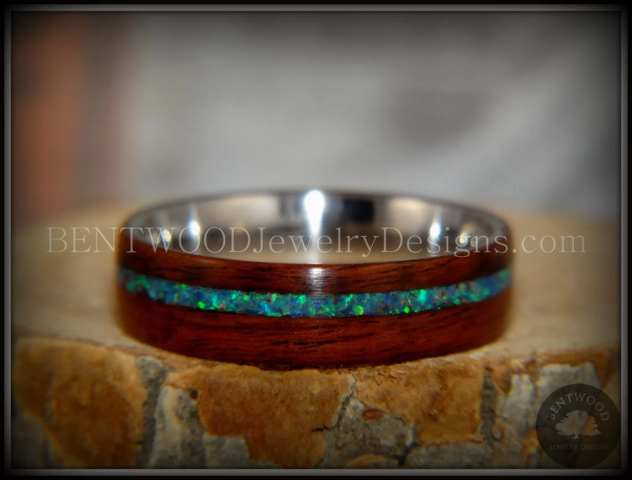 Bentwood Ring - Peacock Rosewood Wood Ring with Opal Inlay on Surgical Grade Stainless Steel Comfort Fit Metal Core