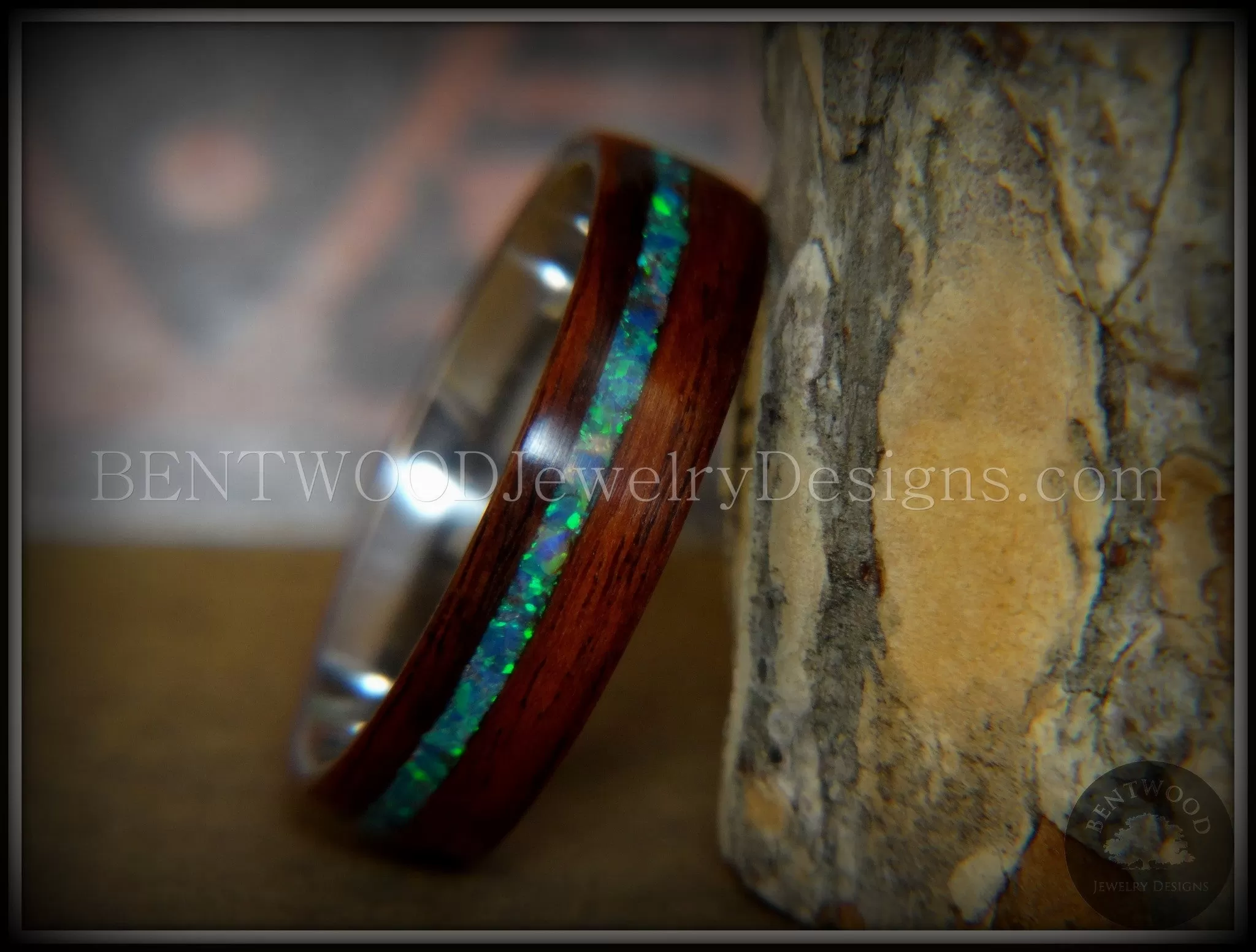 Bentwood Ring - Peacock Rosewood Wood Ring with Opal Inlay on Surgical Grade Stainless Steel Comfort Fit Metal Core