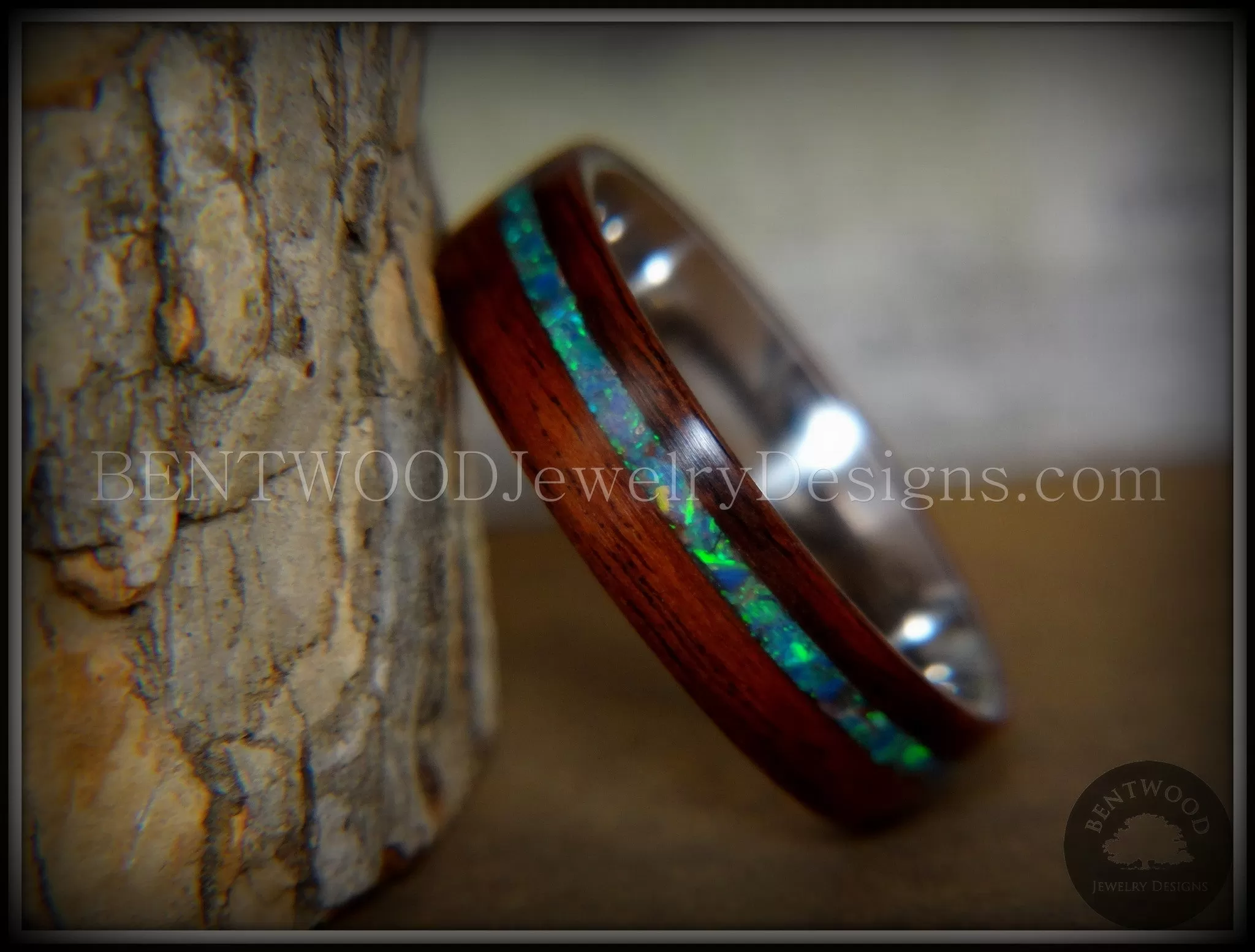 Bentwood Ring - Peacock Rosewood Wood Ring with Opal Inlay on Surgical Grade Stainless Steel Comfort Fit Metal Core