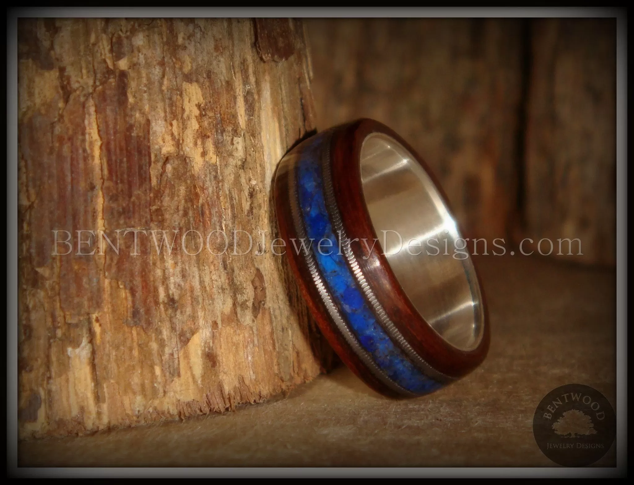 Bentwood Ring - Tracks Light Ebony Wood Ring with Fine Silver Core, Double Guitar String and Blue Lapis Inlay