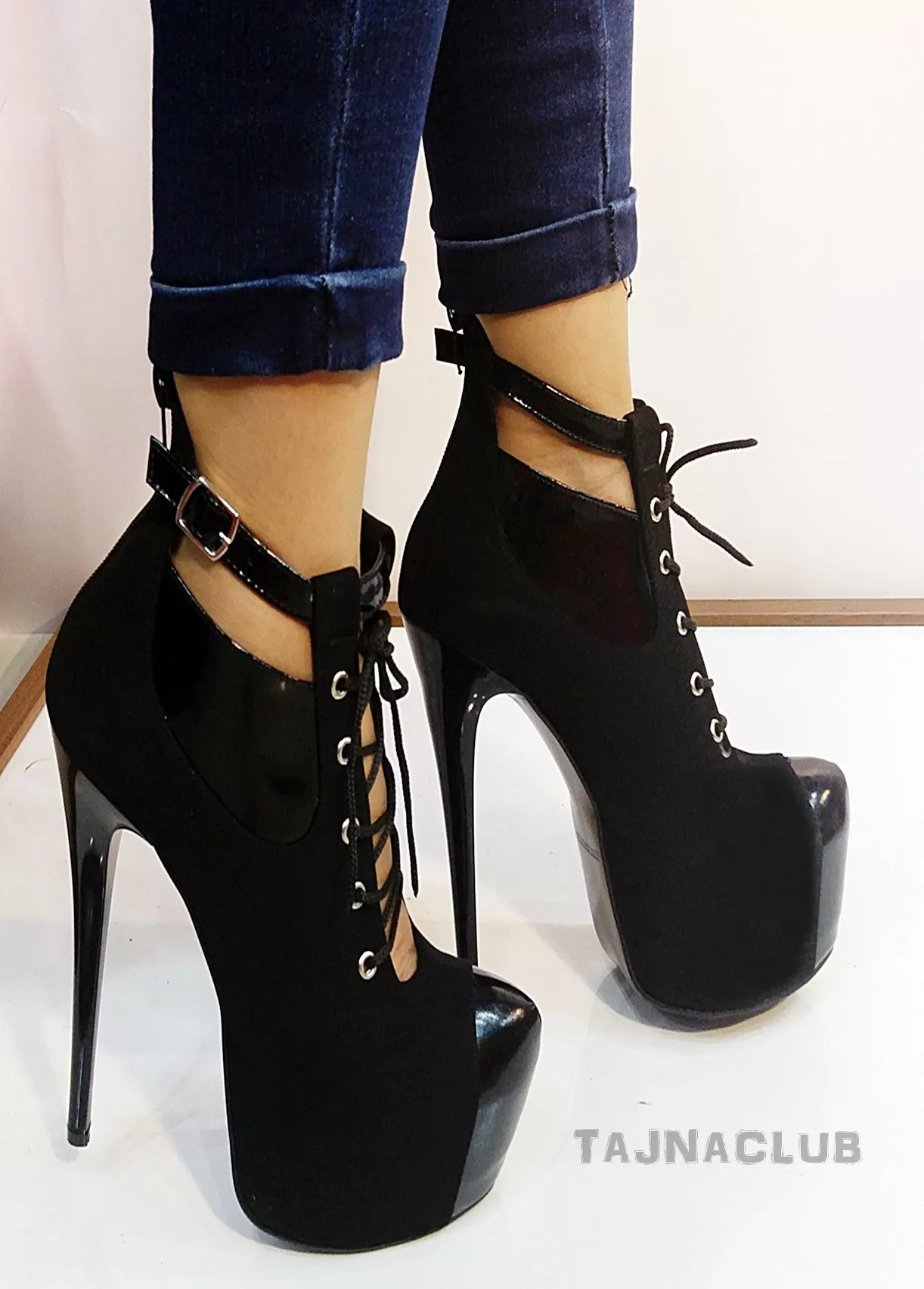 Black Ankle Strap Lace Up Sexy Platform Boots