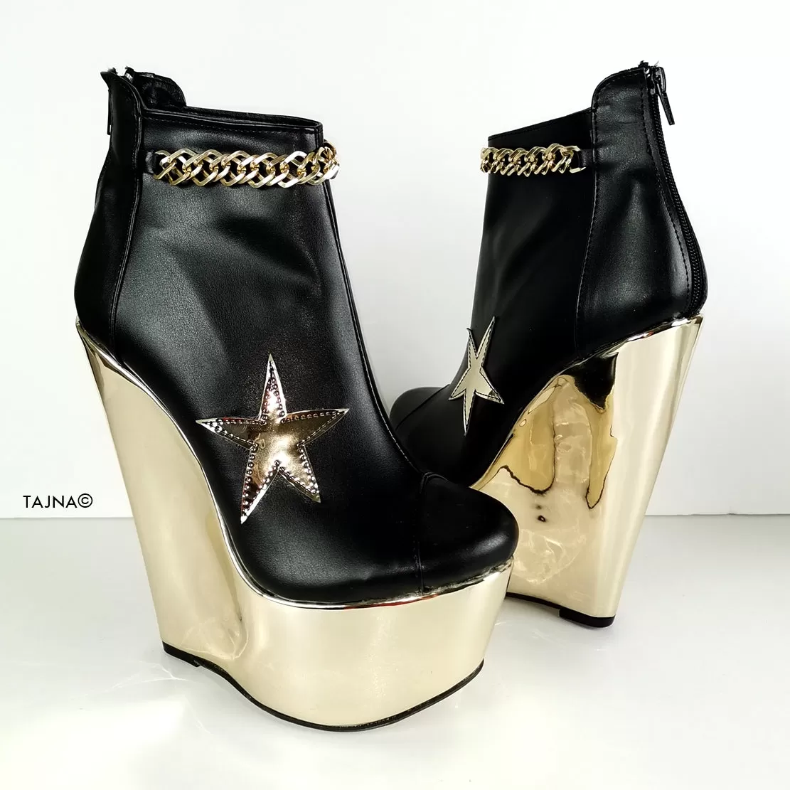 Black Gold Star Detail Ankle Wedges