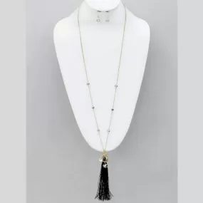 Black Tassel and Crystal Gold Chain Long Necklace