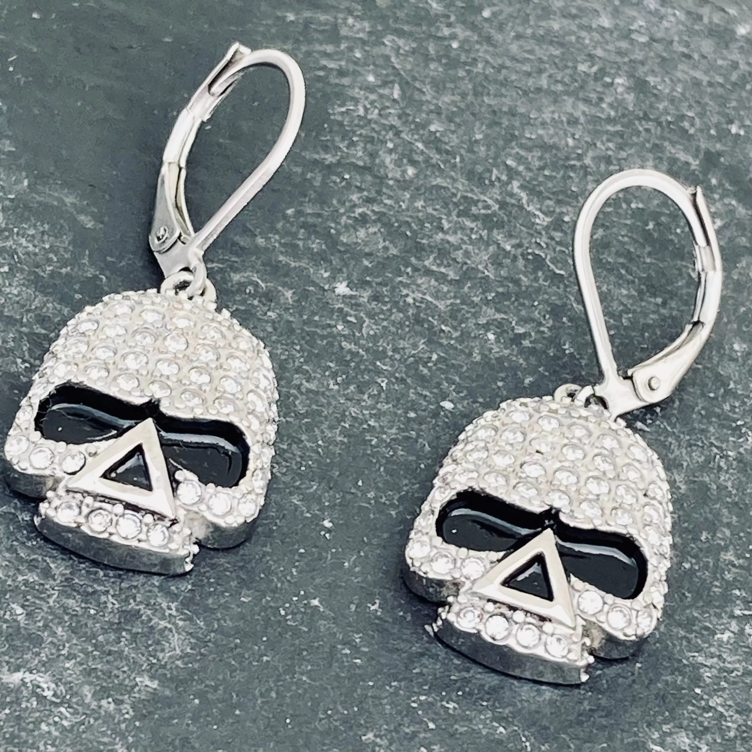 Bling Skull Earrings - White Stone -  Lever Back - SK2595E