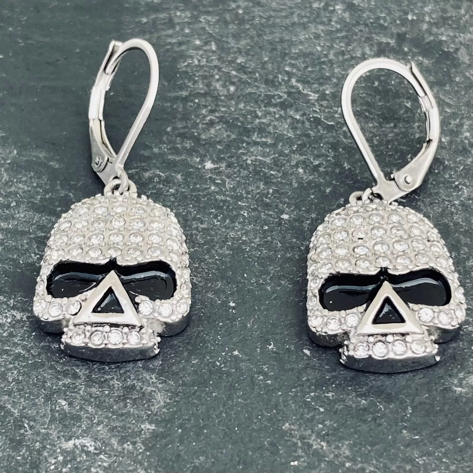 Bling Skull Earrings - White Stone -  Lever Back - SK2595E