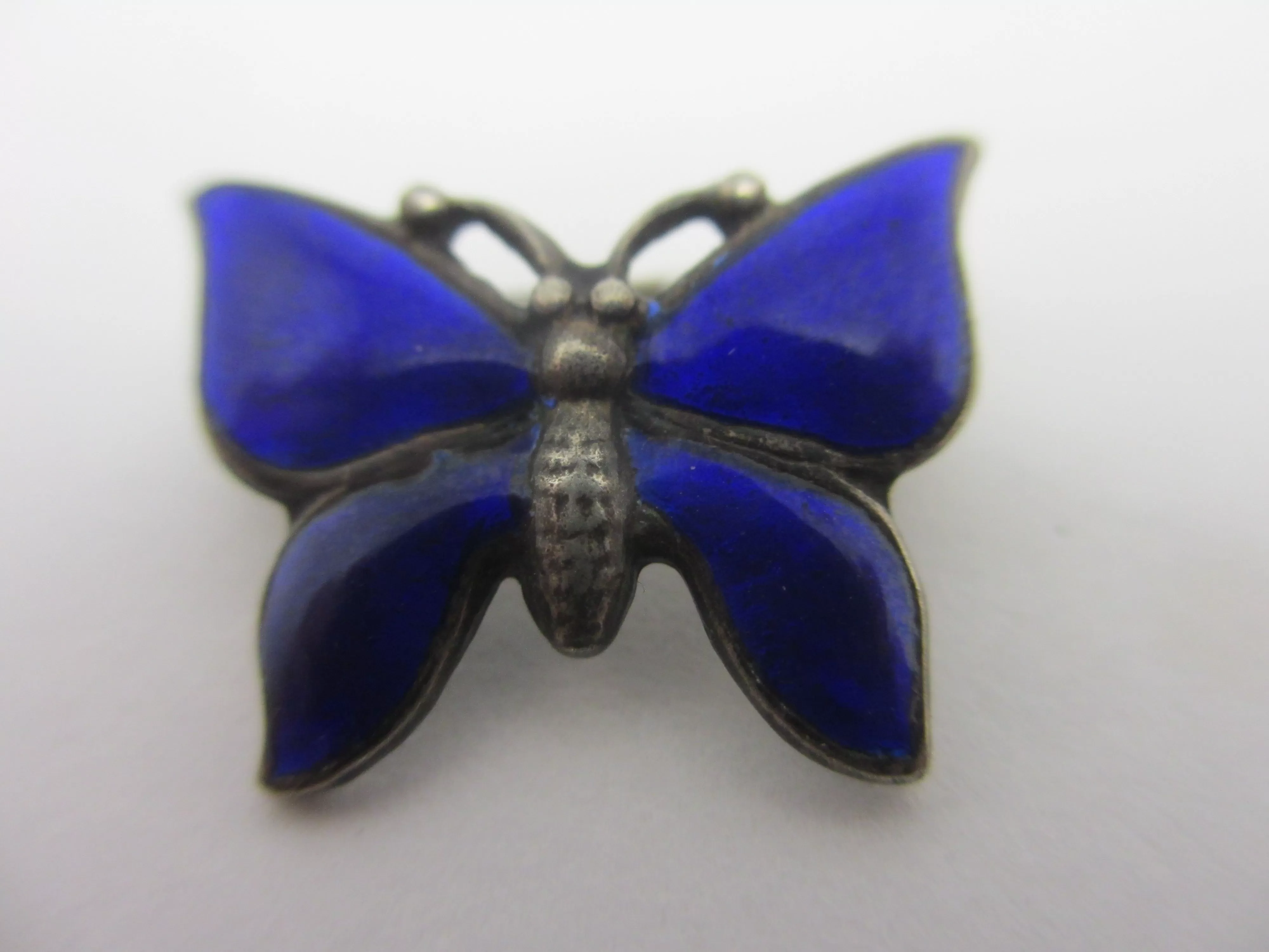 Blue Enamel Butterfly Sterling Silver Brooch Pin Vintage Art Deco c1920