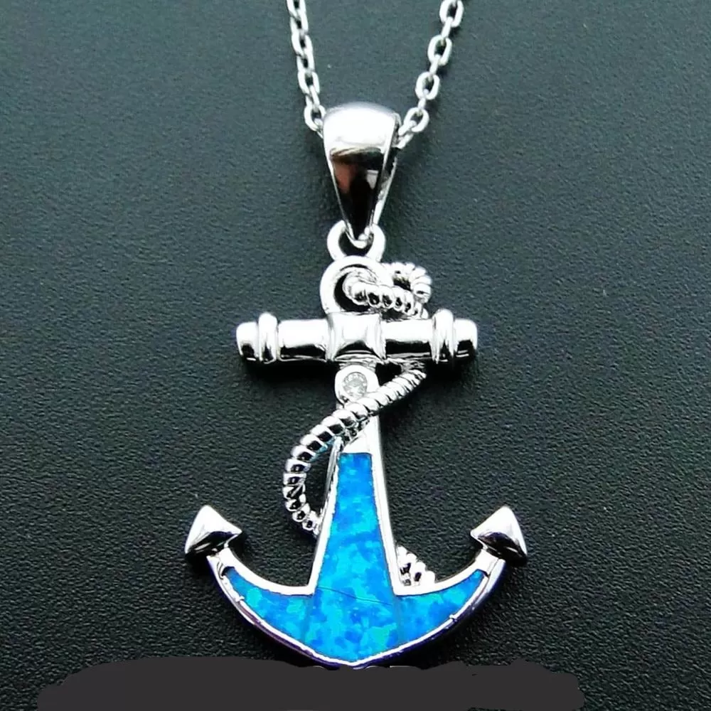 Blue Fire Opal Navy Anchor Pendant Nautical Necklace 18