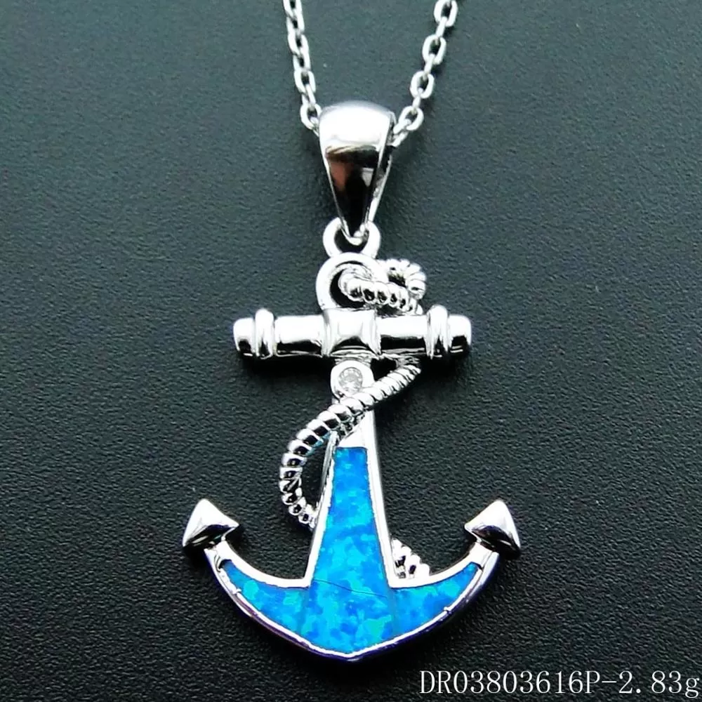 Blue Fire Opal Navy Anchor Pendant Nautical Necklace 18