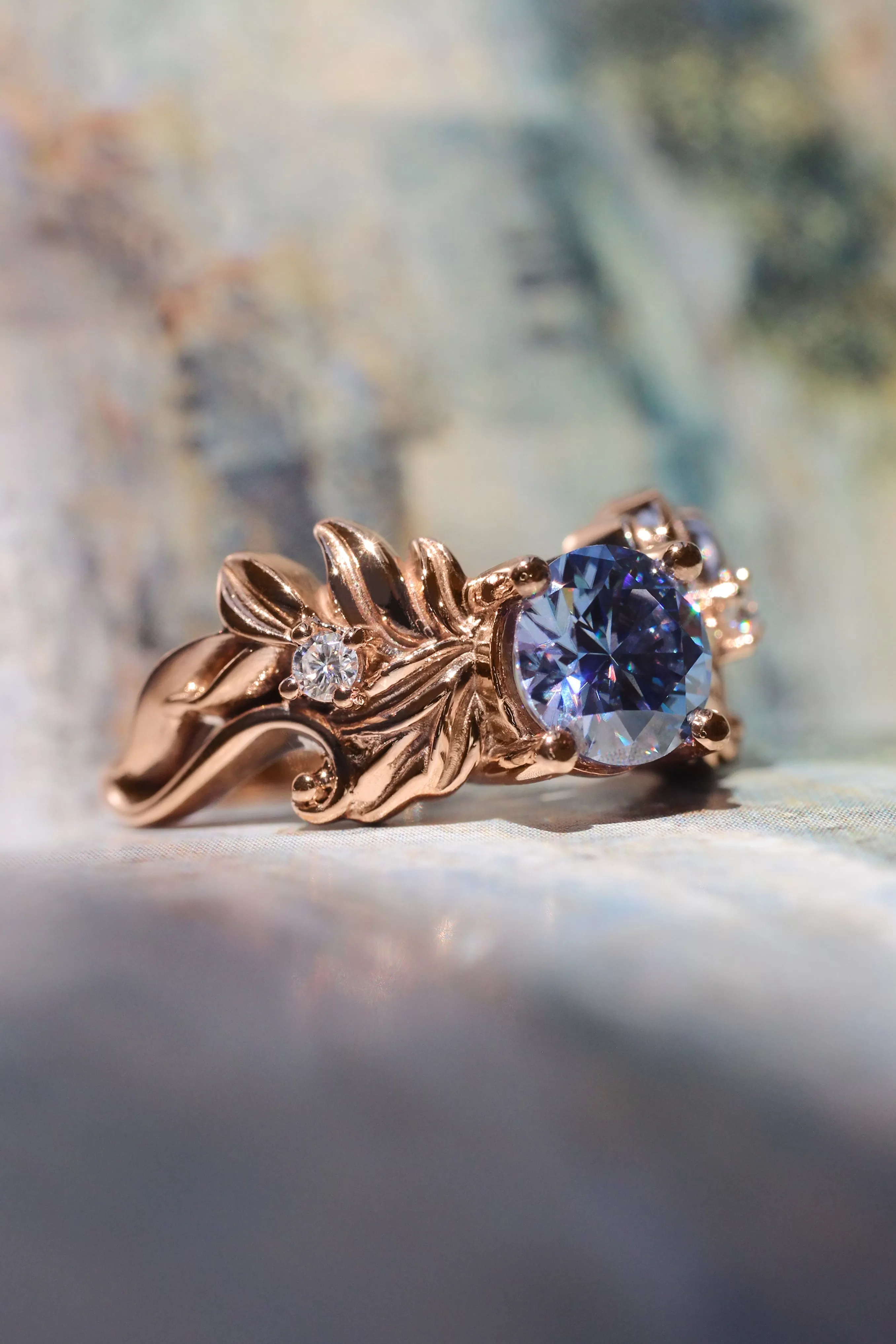 Blue moissanite bridal ring set, leaf engagement ring