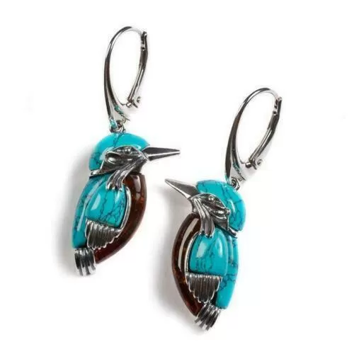 Blue Turquoise Leverback Bird Earrings