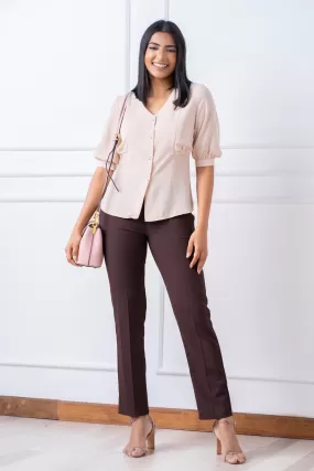 Brown Front Button Puff Sleeve Blouse - Slim Fit