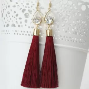 Burgundy Tassel Earrings with Gold Oval and Crystal