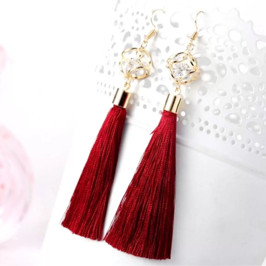 Burgundy Tassel Earrings with Gold Square and Crystal