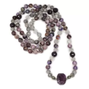 Charoite, Cloudy Quartz, and Amethyst Hand Knotted Mala Necklace