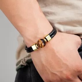 Classic Double Genuine Natural Round Tiger Eye Stone Leather Bracelet