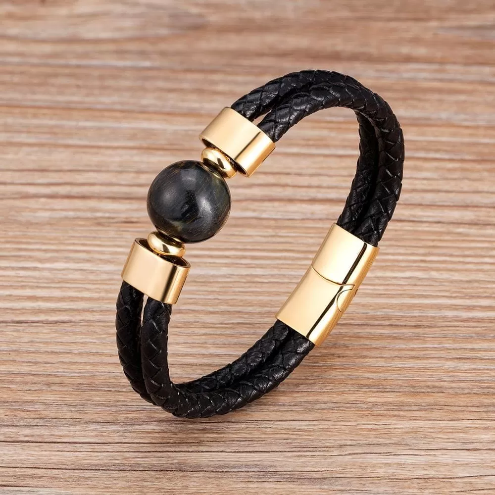 Classic Double Genuine Natural Round Tiger Eye Stone Leather Bracelet