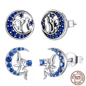 Crescent Moon Cat on the Moon Fairy Sapphire Stud Earrings - Genuine 925 Sterling Silver