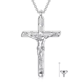 Cross Urn Necklaces For Ashes Sterling Silver Jesus Christ Crucifix Keepsake Cremation Jewelry for Men w/ Funnel Filler