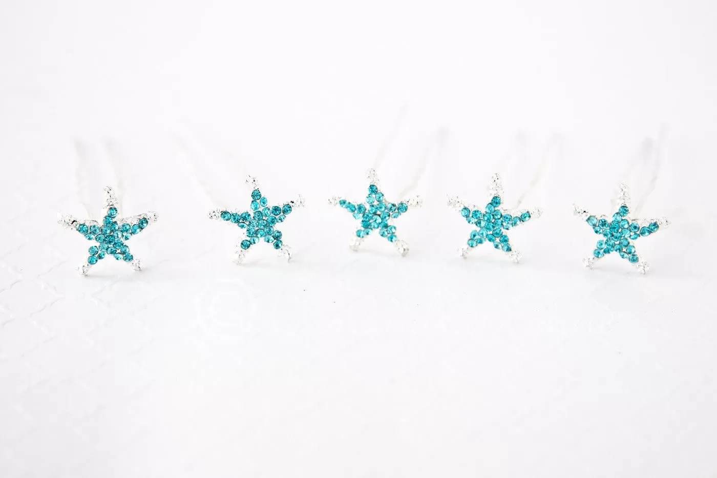 Crystal Starfish Hair Pins Silver and Aqua