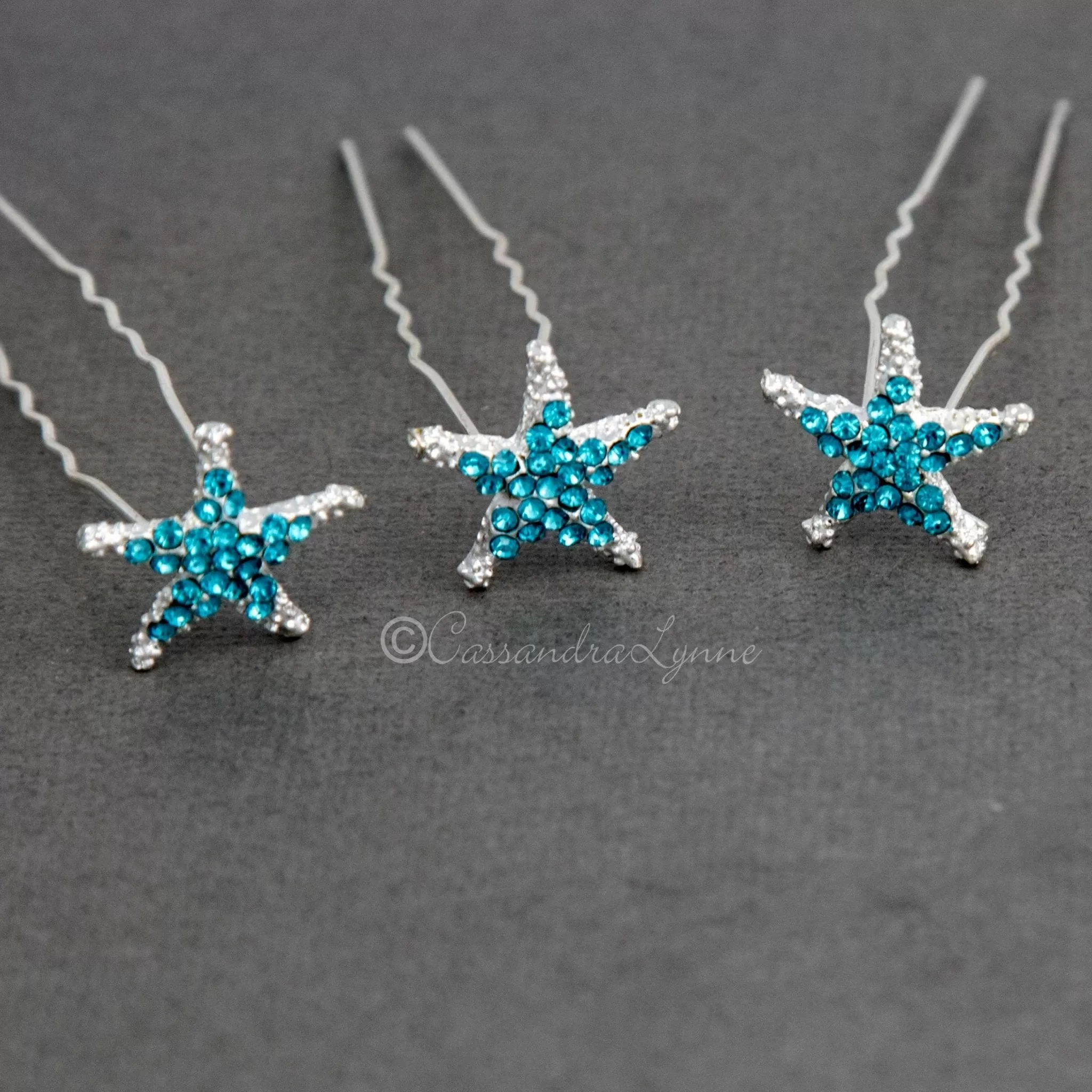 Crystal Starfish Hair Pins Silver and Aqua