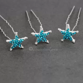 Crystal Starfish Hair Pins Silver and Aqua