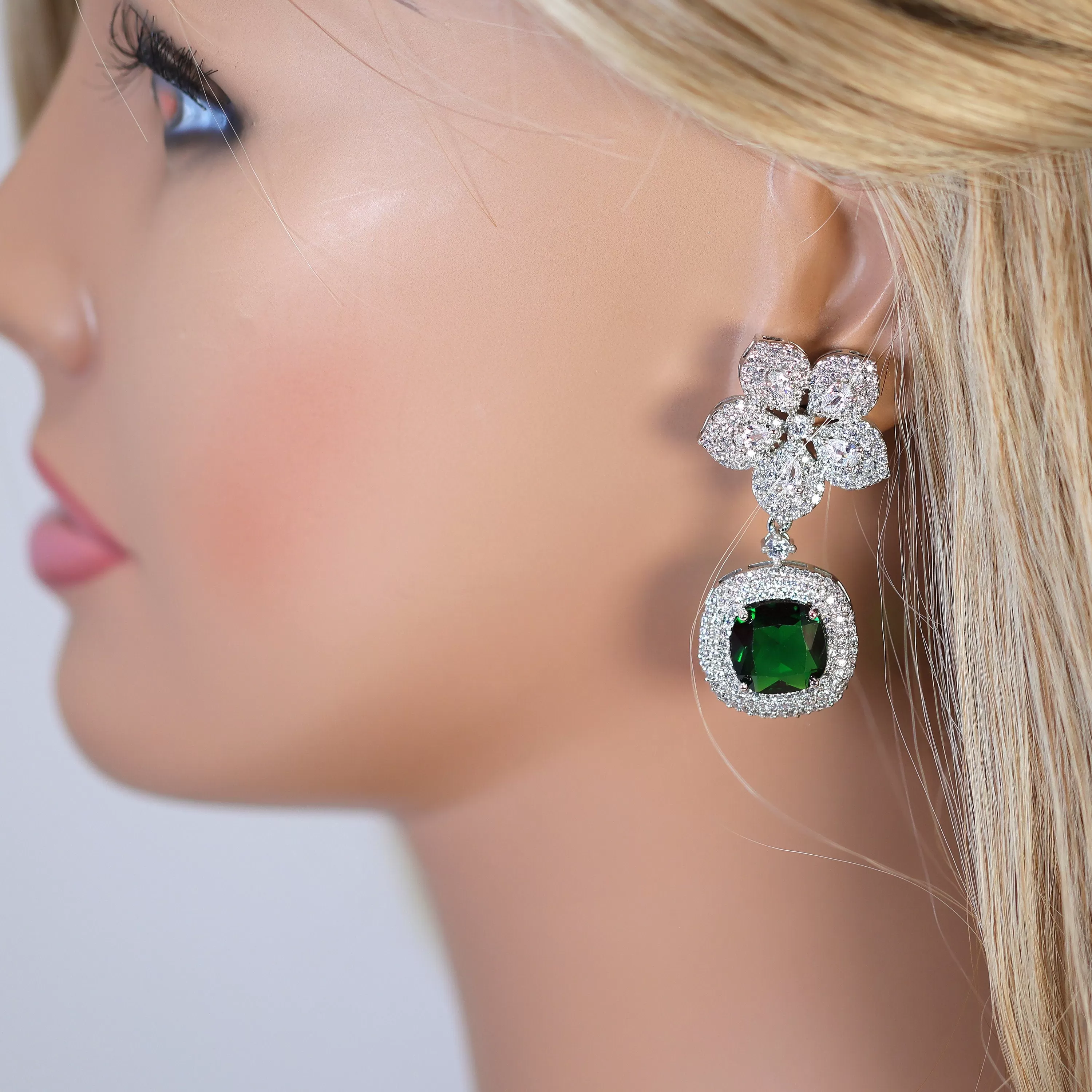 Cz Floral Emerald Colored Crystal/Green Drop Diamond earrings Long Bridal Jewelry Bridal Earrings Crystal Bridal Earrings Statement earrings