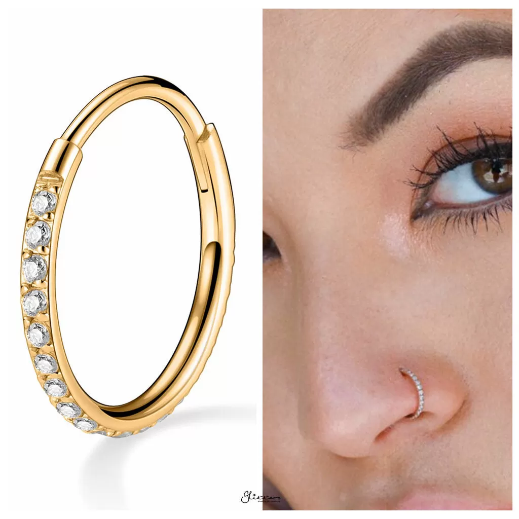 CZ Paved Hinged Segment Nose Hoop Ring - Silver