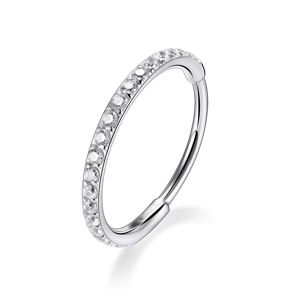 CZ Paved Hinged Segment Nose Hoop Ring - Silver