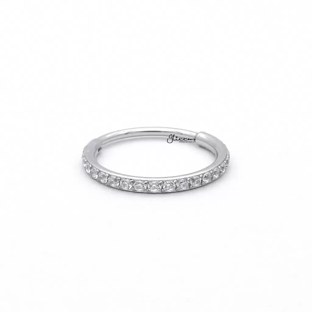 CZ Paved Hinged Segment Nose Hoop Ring - Silver