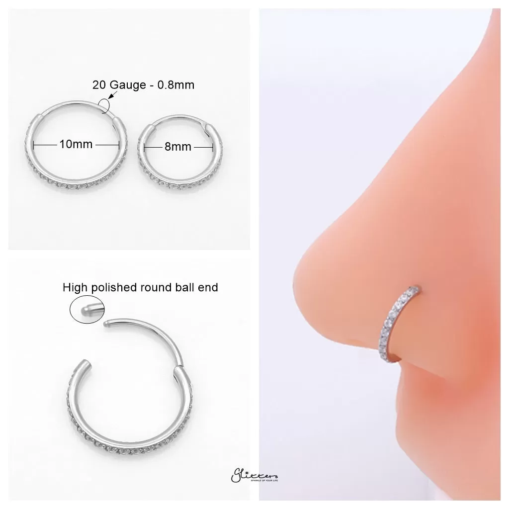 CZ Paved Hinged Segment Nose Hoop Ring - Silver