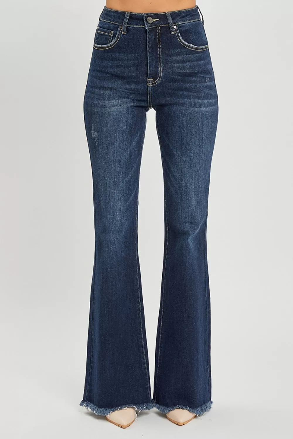 Dark Blue High Waist Raw Hem Flare Jeans