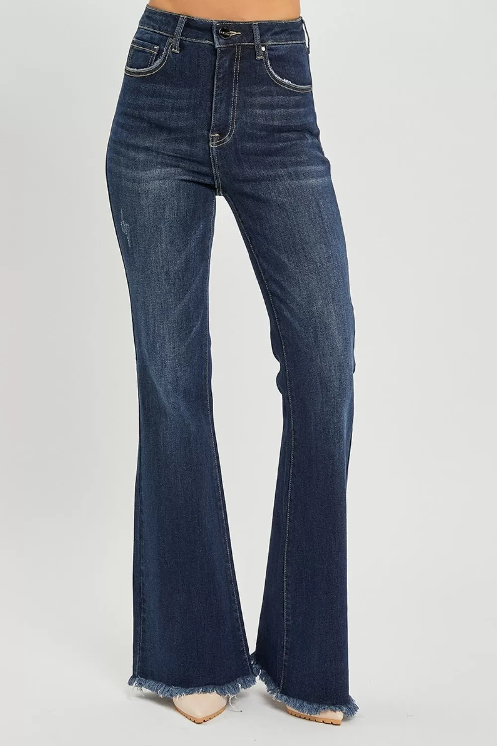 Dark Blue High Waist Raw Hem Flare Jeans