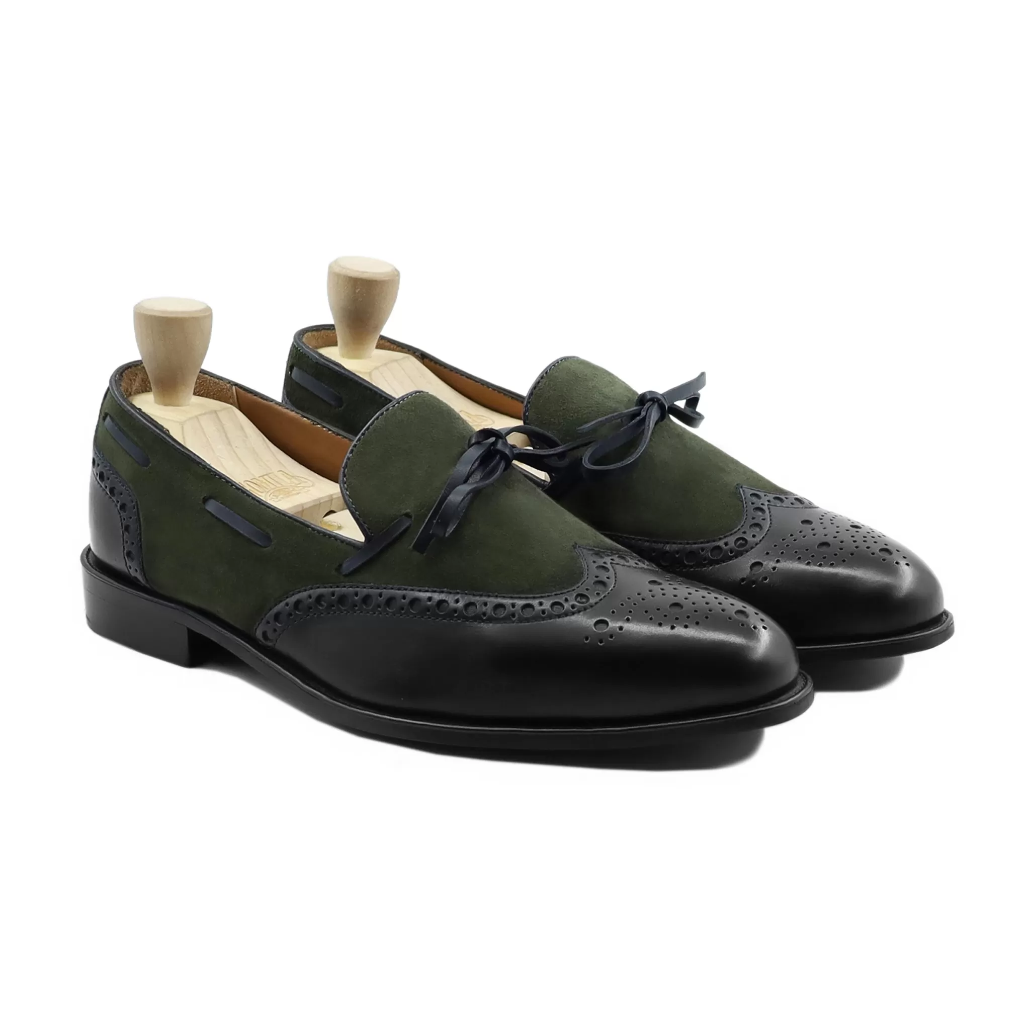 Dubnion - Men's Black Calf Leather And Olive Green Kid Suede Loafer