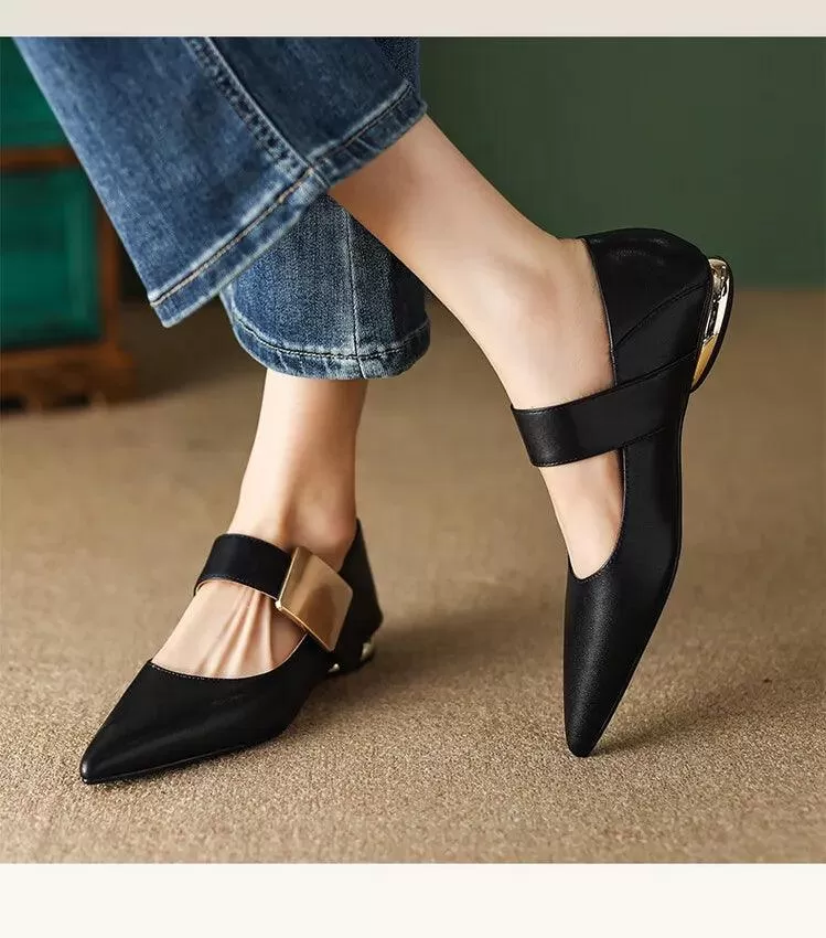 DX207 Women's Casual Shoes - Leather Square Chunky Heel Pumps