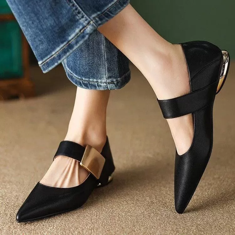 DX207 Women's Casual Shoes - Leather Square Chunky Heel Pumps