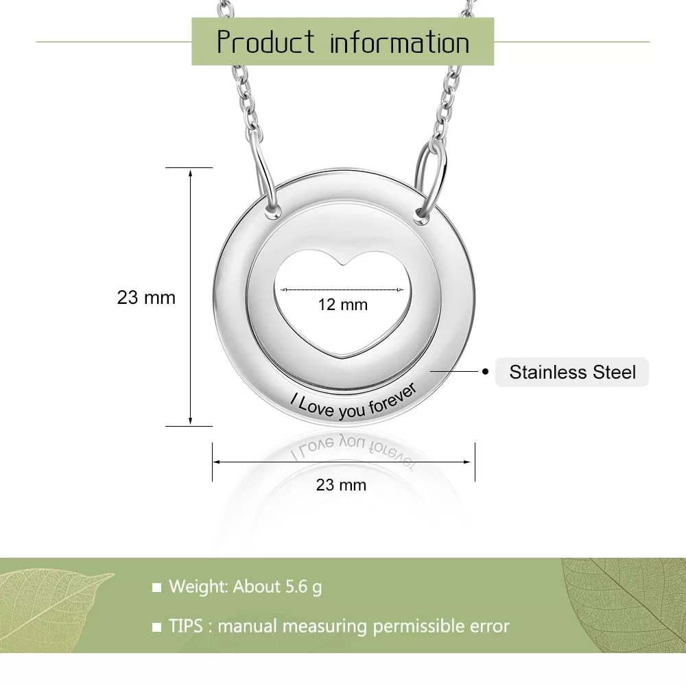 Engraving Heart Circle Pendant Necklaces