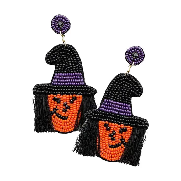 Felt Back Tassel Seed Beaded Witch Dangle Earrings