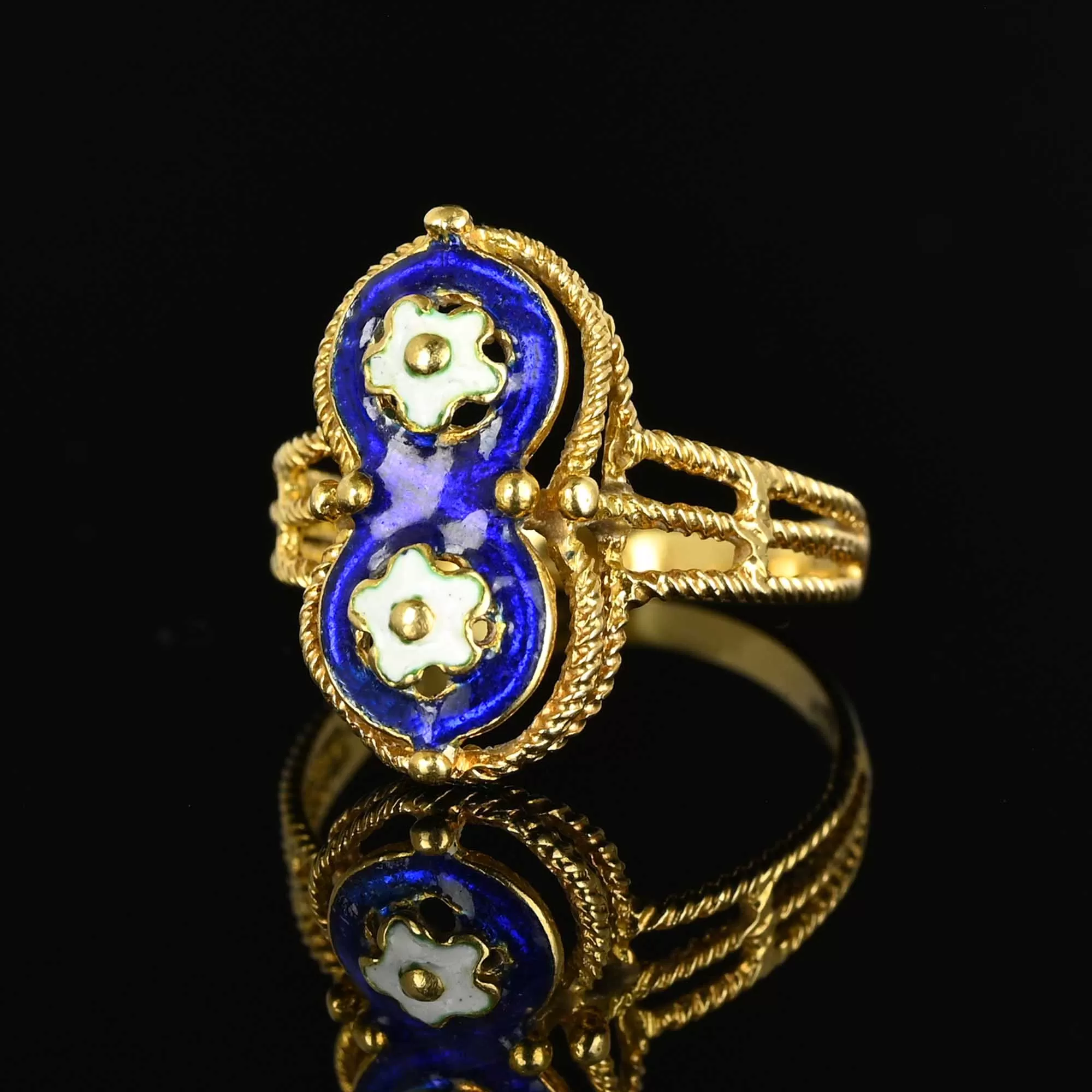 Fine 18K Gold Blue Guilloche Enamel Floral Ring