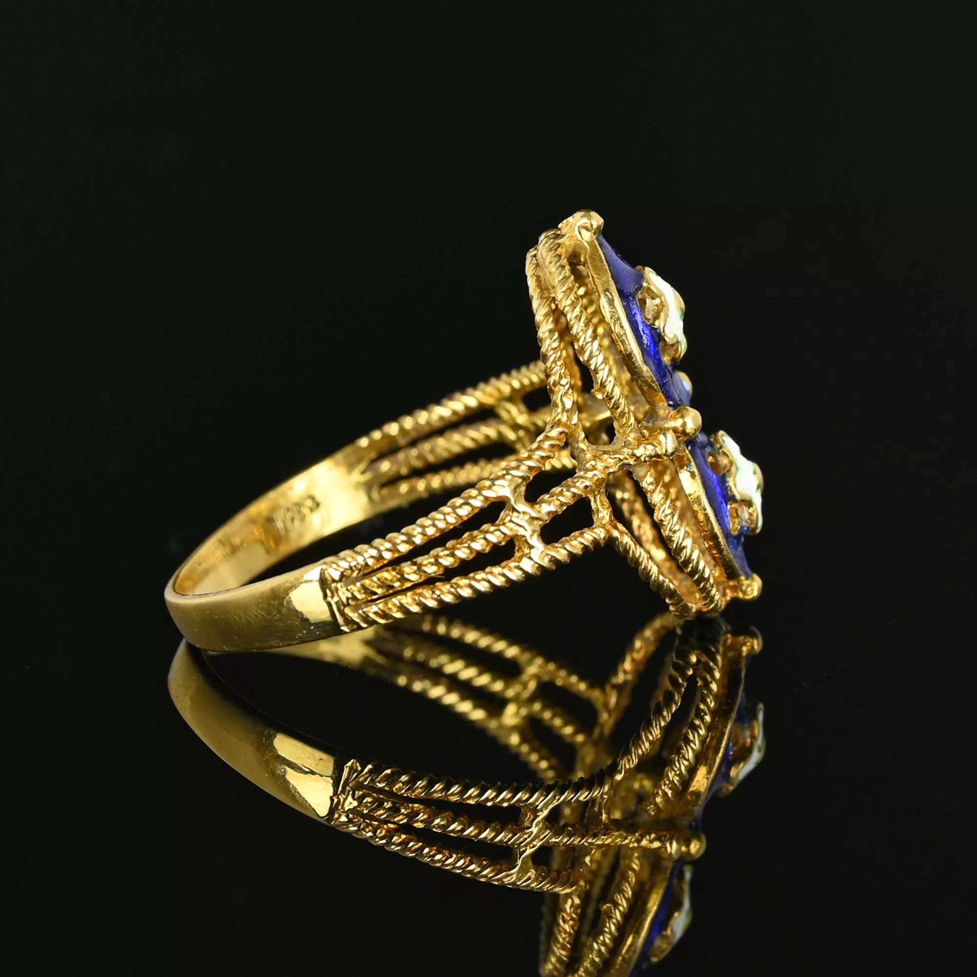 Fine 18K Gold Blue Guilloche Enamel Floral Ring