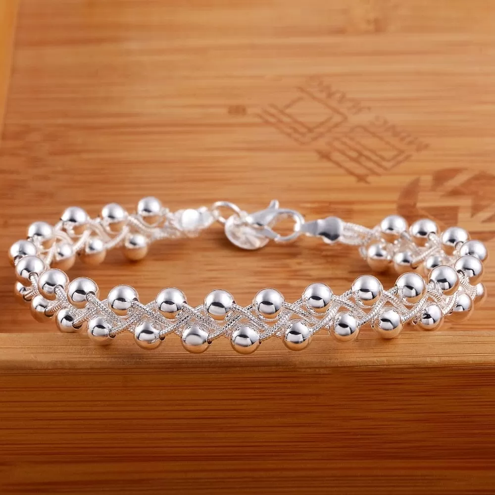 Fine Braided Beads Silver Chain Bracelet