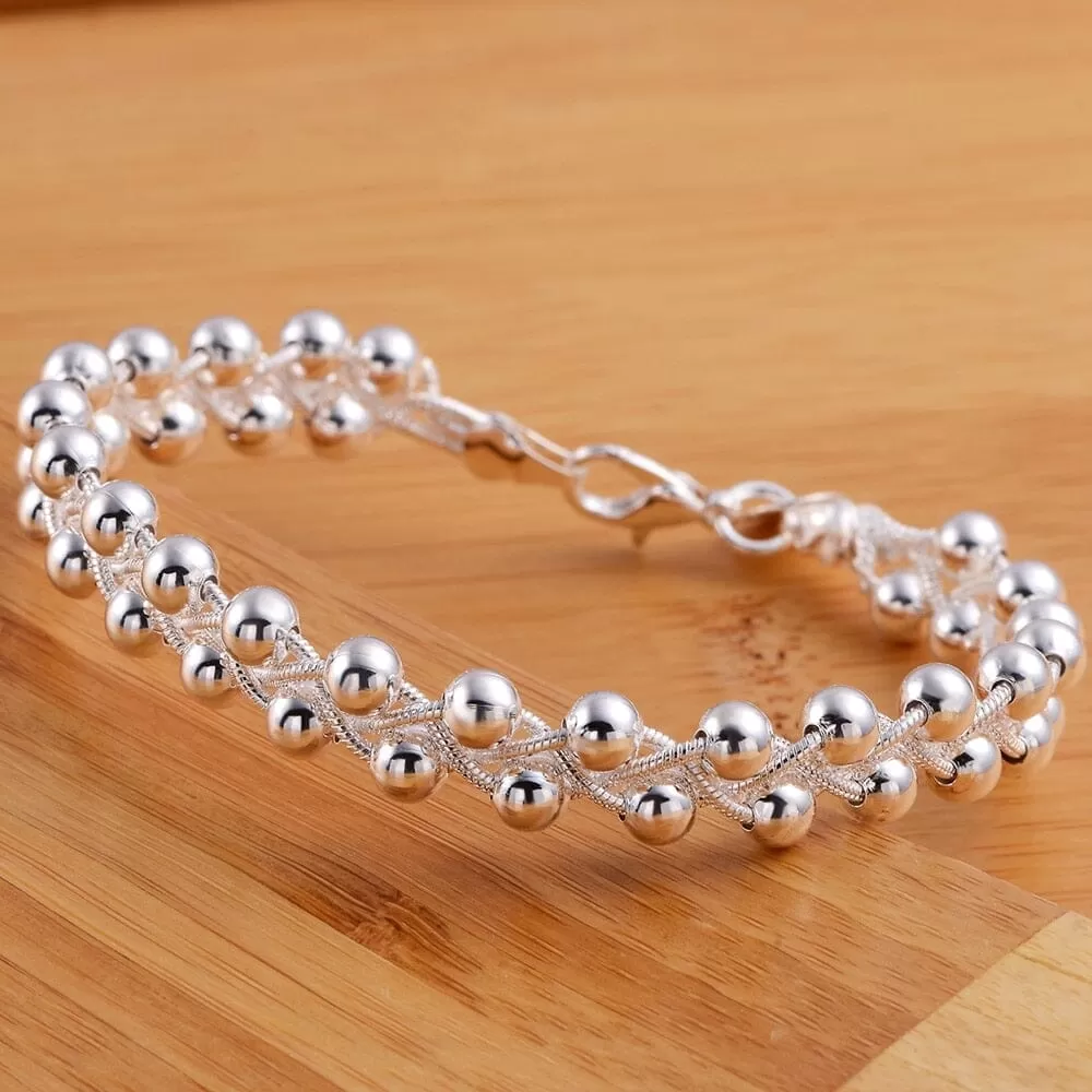 Fine Braided Beads Silver Chain Bracelet