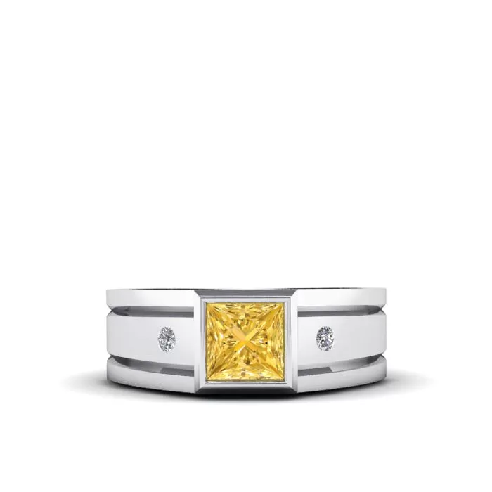 Gem Ring for Man 18K White Gold with Square Citrine and Diamonds Engraved Male Signet Ring