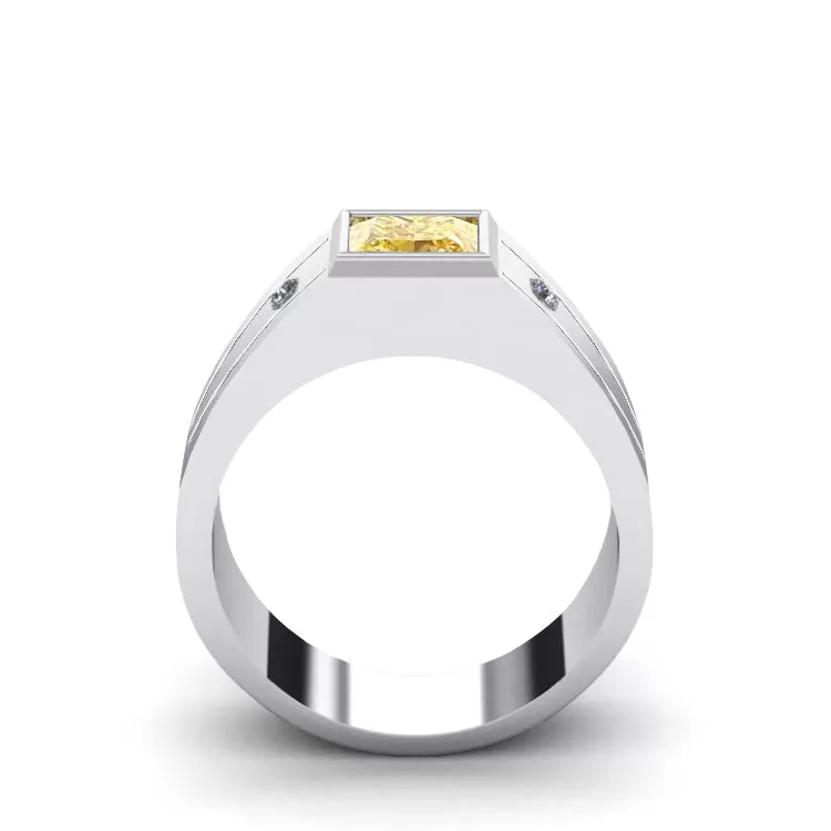 Gem Ring for Man 18K White Gold with Square Citrine and Diamonds Engraved Male Signet Ring