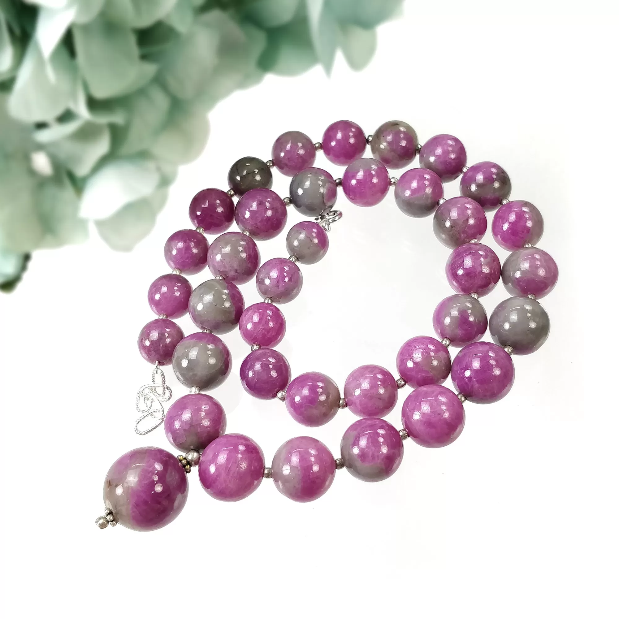 Global RUBY Gemstone NECKLACE: 116.73gms Natural Untreated Bi-Color Zoisite Ruby Balls 925 Sterling Silver 10mm - 16.5mm 20"