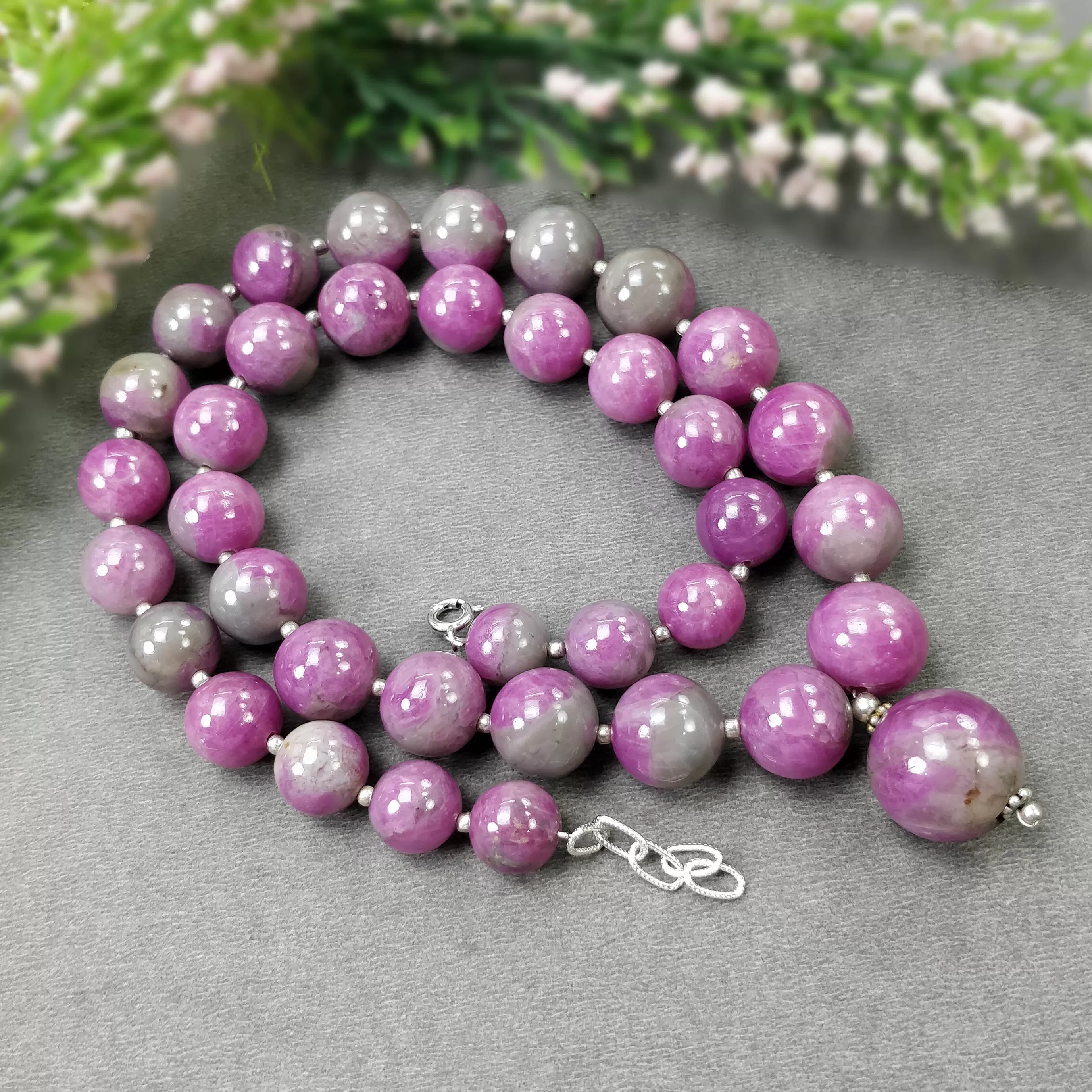 Global RUBY Gemstone NECKLACE: 116.73gms Natural Untreated Bi-Color Zoisite Ruby Balls 925 Sterling Silver 10mm - 16.5mm 20"