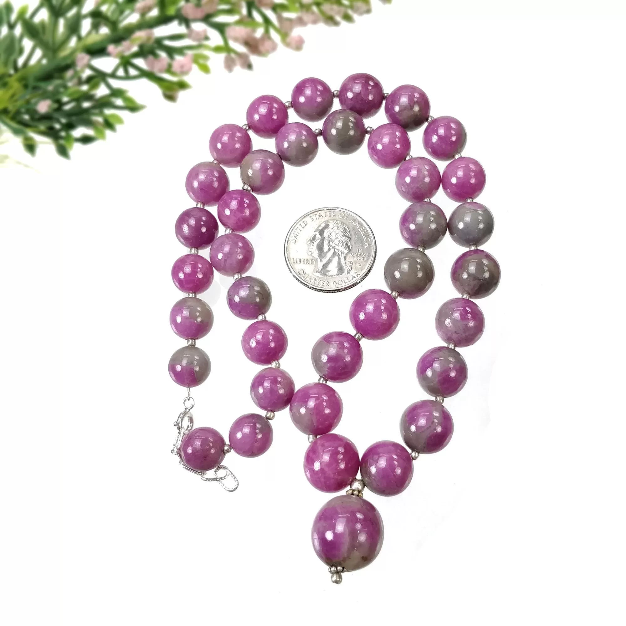 Global RUBY Gemstone NECKLACE: 116.73gms Natural Untreated Bi-Color Zoisite Ruby Balls 925 Sterling Silver 10mm - 16.5mm 20"